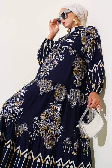 Karışık Desenli Yarım Düğmeli Viskon Elbise Lacivert - Elbise