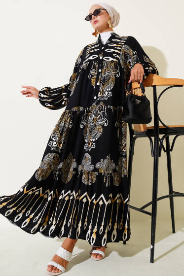 Karışık Desenli Yarım Düğmeli Viskon Elbise Siyah - Elbise