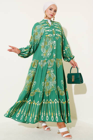 Karışık Desenli Yarım Düğmeli Viskon Elbise Yeşil - Elbise