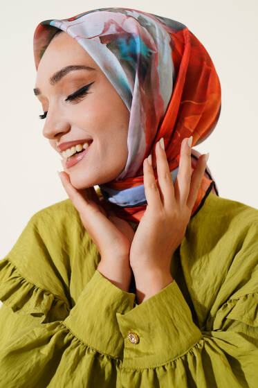 Karışık Ebruli Eşarp Siyah Oranj - Başörtüsü