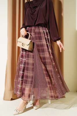 Karışık Ekose Desen Şifon Etek Kahve - HATUN