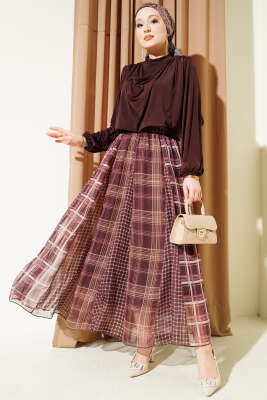 Karışık Ekose Desen Şifon Etek Kahve - Etek