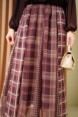 Karışık Ekose Desen Şifon Etek Kahve - Etek