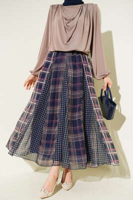 Karışık Ekose Desen Şifon Etek Lacivert - HATUN