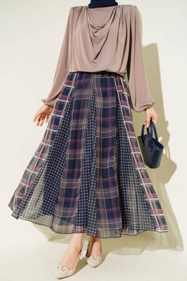 Karışık Ekose Desen Şifon Etek Lacivert - Etek