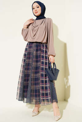 Karışık Ekose Desen Şifon Etek Lacivert - Etek