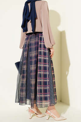 Karışık Ekose Desen Şifon Etek Lacivert - Etek