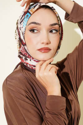 Karışık Motifli Desenli Eşarp Acı Kahve - SİNEM EŞARP