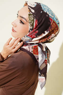 Karışık Motifli Desenli Eşarp Acı Kahve - Başörtüsü