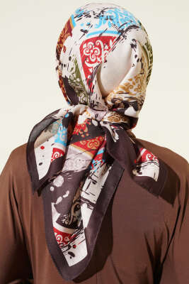 Karışık Motifli Desenli Eşarp Acı Kahve - Başörtüsü