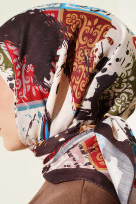 Karışık Motifli Desenli Eşarp Acı Kahve - Başörtüsü