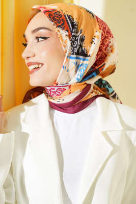 Karışık Motifli Desenli Eşarp Bordo - Başörtüsü