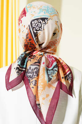 Karışık Motifli Desenli Eşarp Bordo - Başörtüsü