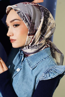 Karışık Motifli Desenli Eşarp Füme - Başörtüsü