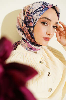 Karışık Motifli Desenli Eşarp Gül Kurusu - Başörtüsü