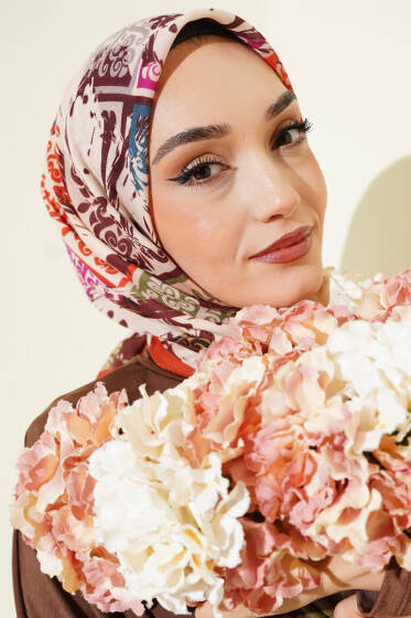 Karışık Motifli Desenli Eşarp Kiremit - Başörtüsü