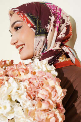 Karışık Motifli Desenli Eşarp Kiremit - Başörtüsü