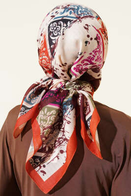 Karışık Motifli Desenli Eşarp Kiremit - Başörtüsü