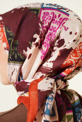 Karışık Motifli Desenli Eşarp Kiremit - Başörtüsü