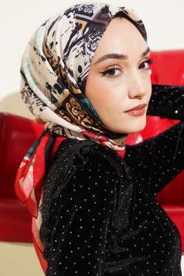 Karışık Motifli Desenli Eşarp Kırmızı 