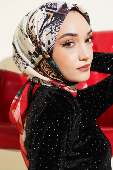 Karışık Motifli Desenli Eşarp Kırmızı - Başörtüsü