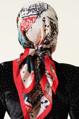 Karışık Motifli Desenli Eşarp Kırmızı - Başörtüsü