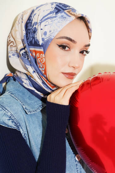 Karışık Motifli Desenli Eşarp Lacivert - Başörtüsü