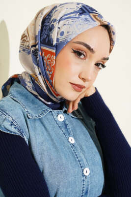 Karışık Motifli Desenli Eşarp Lacivert - Başörtüsü