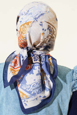 Karışık Motifli Desenli Eşarp Lacivert - Başörtüsü