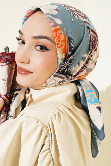 Karışık Motifli Desenli Eşarp Petrol Mavisi - Başörtüsü