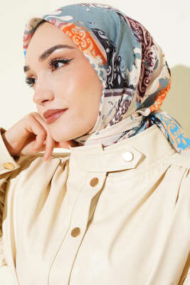 Karışık Motifli Desenli Eşarp Petrol Mavisi - Başörtüsü