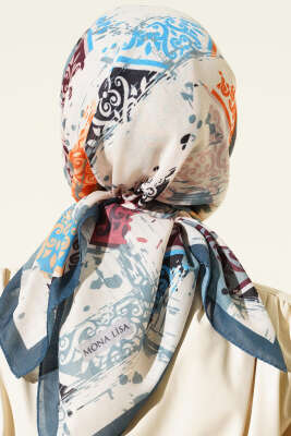 Karışık Motifli Desenli Eşarp Petrol Mavisi - Başörtüsü