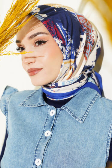 Karışık Motifli Desenli Eşarp Saks - Başörtüsü