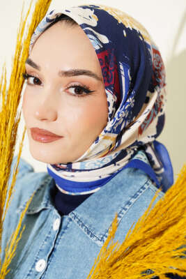 Karışık Motifli Desenli Eşarp Saks - Başörtüsü