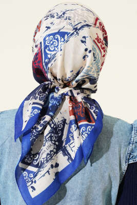 Karışık Motifli Desenli Eşarp Saks - Başörtüsü