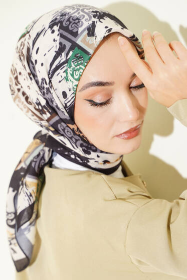 Karışık Motifli Desenli Eşarp Siyah - Başörtüsü