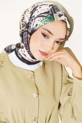 Karışık Motifli Desenli Eşarp Siyah - Başörtüsü