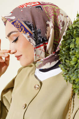 Karışık Motifli Desenli Eşarp Siyah Kahve - Başörtüsü