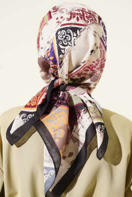 Karışık Motifli Desenli Eşarp Siyah Kahve - Başörtüsü