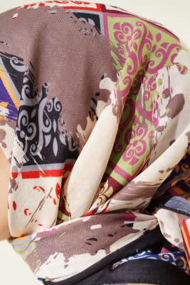 Karışık Motifli Desenli Eşarp Siyah Kahve - Başörtüsü