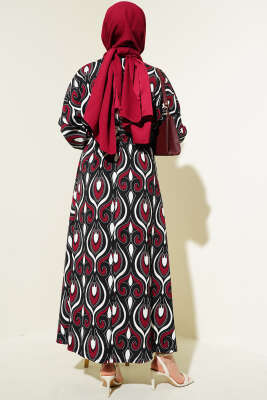 Karışık Motifli Kemerli Elbise Bordo - Tesettür Elbise