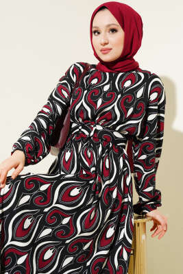 Karışık Motifli Kemerli Elbise Bordo - Tesettür Elbise