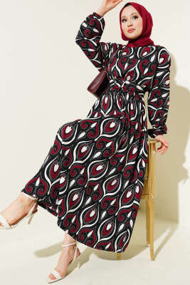 Karışık Motifli Kemerli Elbise Bordo 
