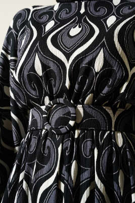 Karışık Motifli Kemerli Elbise Füme - Tesettür Elbise