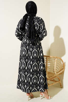 Karışık Motifli Kemerli Elbise Füme - Tesettür Elbise