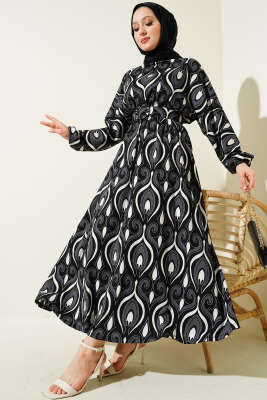 Karışık Motifli Kemerli Elbise Füme 
