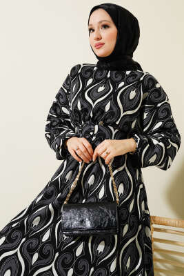 Karışık Motifli Kemerli Elbise Füme - Tesettür Elbise