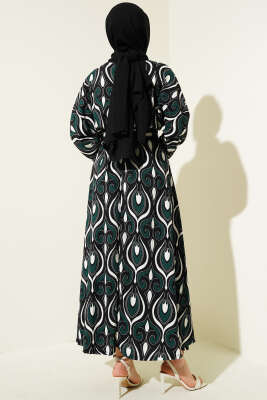Karışık Motifli Kemerli Elbise Zümrüt - Tesettür Elbise
