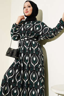 Karışık Motifli Kemerli Elbise Zümrüt - Tesettür Elbise
