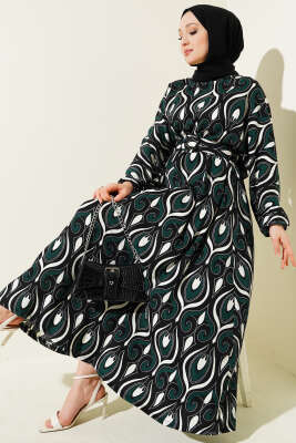 Karışık Motifli Kemerli Elbise Zümrüt - Tesettür Elbise